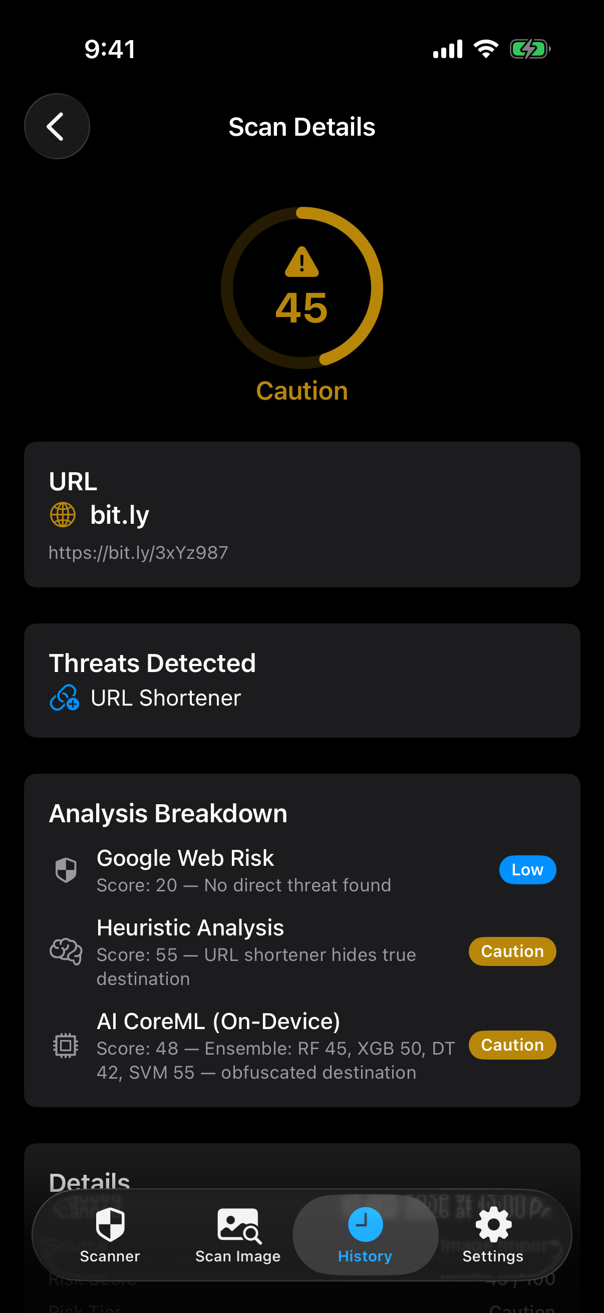 Caution scan - URL shortener bit.ly scored 45/100
